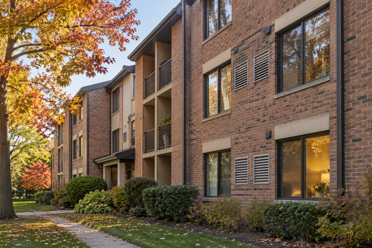 Brick condominium building with exterior ventilation louvers and autumn trees
